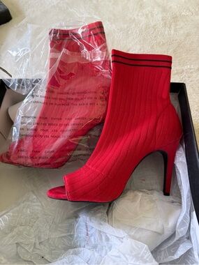 INC International Concepts Red Ribbed Peep-Toe Stiletto Sock Boot